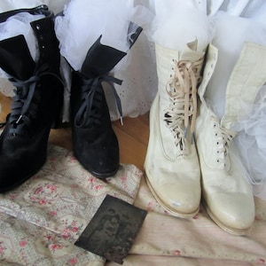 Antique Victorian High Top Laced Black Suede Boot Off White Kid Leather 2 PAIRS