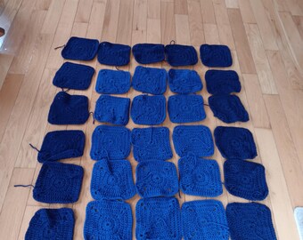 Lot 30+ 6” navy roya lBlue Handmade Crochet GRANNY SQUARE Blocks Afghan Scarfs