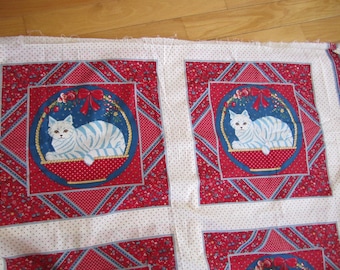 Vtg Cranston BLUE White Cat in Basket Cotton Fabric Panel PILLOWS 14.75"x15"