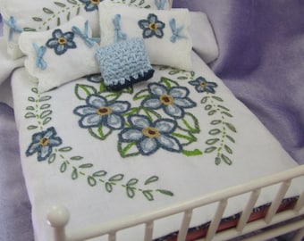 Doll 1/12 Miniature BLUE Floral Embroidered Coverlet Bedspread Blanket Hand Made in ME 8 Pcs SET Reversible