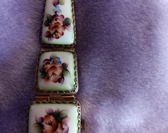 Pink Roses Green accents Vintage Enamel Chaika Watch Bracelet: Floral Porcelain, Golden Accents, Wind Up 17 Jewels