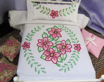 Doll 1/12 Miniature PINK Floral Embroidered Coverlet Bedspread Blanket Hand Made in ME 5 Pcs SET Reversible
