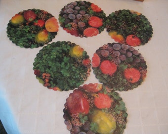 May include: Six round, scalloped-edge coasters with a variety of fruit and berry designs. The coasters feature a mix of red, green, purple, and yellow fruits and berries.