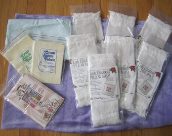 Charles Craft LOT Cross Stitch Pillow Shams 7 PCS  kit BLANKS 10"x10" fringe Extras!!!