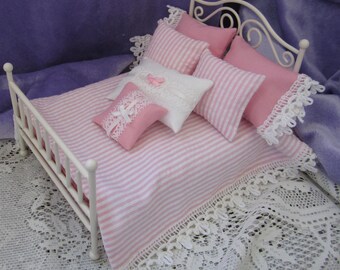 Doll house 1:12 Miniature pink stripe Coverlet blanket Bed Spread 7 pc set seersucker