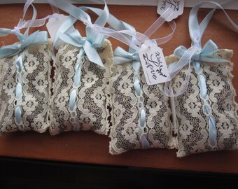 4 pcs Hand Made DRIED LAVENDER SACHET Blue Ribbon Hanging Vtg Ivory Lace Bag - Fragrant Made in Maine