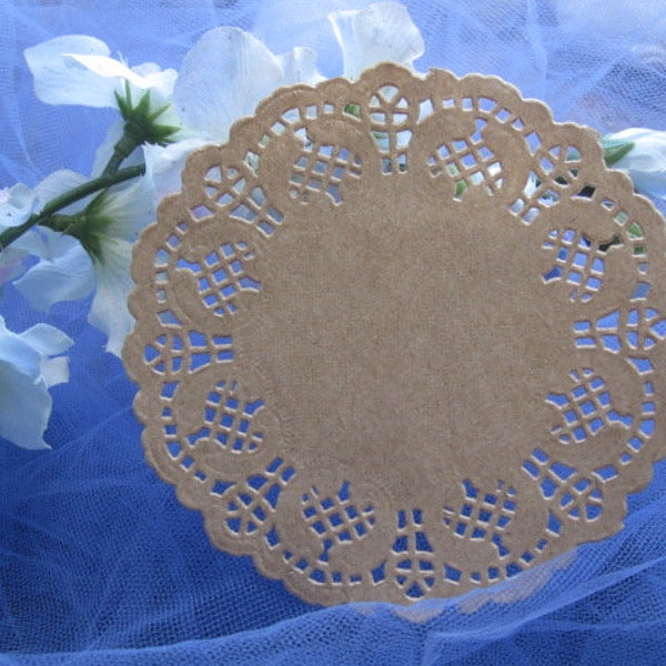 25 pcs 4" Inch Lace Kraft tan BROWN Round Papaer LACE Doily Valentine Cards