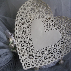 6&quot; inch HEART Deep Ivory Off White  Lace Paper Doilies 12 Pcs Cards Victorian Valentine