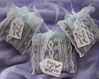 3 pcs Hand Made DRIED LAVENDER SACHET Aqua Blue Ribbon Hanging Vtg White Lace Bag - Fragrant Made in Maine