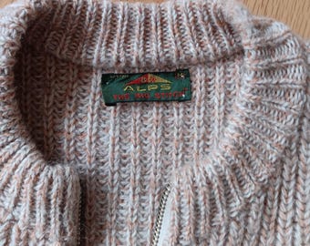 M Vtg 70's ALPS The BIG Stitch Cardigan Sweater Zipper Front Wool Autumn Beige ORANGE