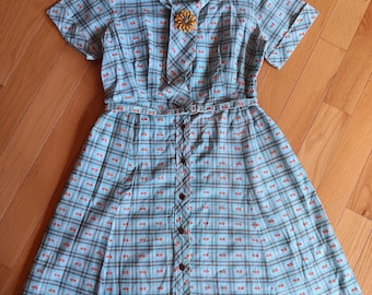 Vtg 50's 60's Day Dress Cotton Belt Button Front Molly Goldberg M L Plaid Petite House Dress