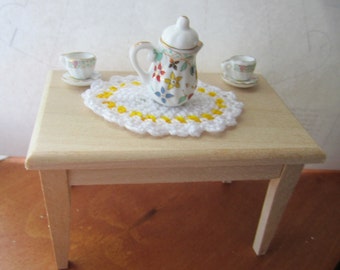 Doll House 1:12 Miniature Kitchen Table oval Mat Doily White Yellow Cotton Crochet Hand Made in ME