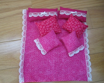 Doll house 1:12 Miniature dark pink print Coverlet blanket Bed Spread 7 pc set Made In Maine