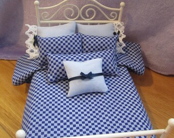 Handmade 1:12 Dollhouse Blue Snowflake Bedspread - Coverlet and 3 Pillows