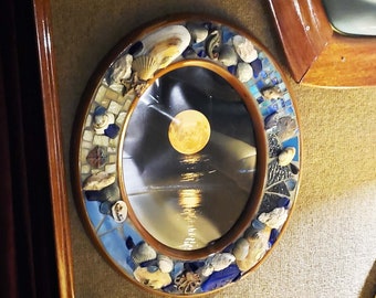 19 x 23 inch "Sailor's Delight" Mixed-Media Mosaic and Seashell Mirror on Custom Mahogany Base w/ Raku Tiles, Stained Glass