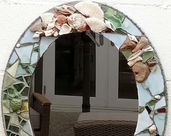 Lovely One-of-a-Kind Mosaic and Seashell 19 x 23" Oval Mirror, Wood Base with White Stained Glass, Driftwood, Beach Glass and Coral