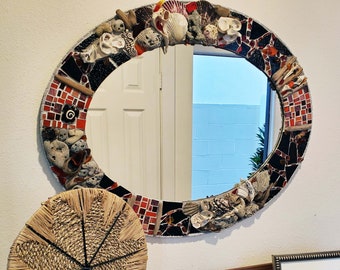 Fabulous One-of-a-Kind Mosaic & Seashell Oval Mirror 28"W x 22"H on Wood Base with Stained Glass, Driftwood, Sea Glass, Shells, Focal Tiles