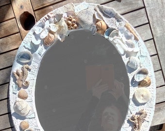 Enchanting "Mermaid Wedding" 19 x 24 in. Mosaic & Seashell Mirror w/ Porcelain Tile, Faux Antique Brass Artifacts, Sea Glass, Wood Base.