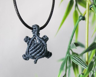 Turtle Blue Grey boho macrame pendant /Summer beach cute turtle necklace /Woven souvenir jewelry/ animal knotted Birthday gift necklace
