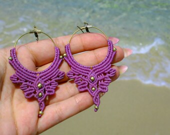 Macrame Lilac Handmade Earrings, Gipsy Nature Hoops Earring, Dangle Bohemian Summer Hippie Jewelry, Micro Macrame  Gift, Everyday Jewelry