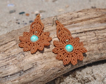 Macrame Brown Flower Handmade Earrings, Gipsy Nature Dangle Earring, Bohemian Summer Hippie Jewelry, Micro Macrame  Gift, Everyday Jewelry