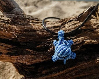 Turtle Sky Blue boho macrame pendant /Summer beach cute turtle necklace /Woven souvenir jewelry/ animal knotted Birthday gift necklace