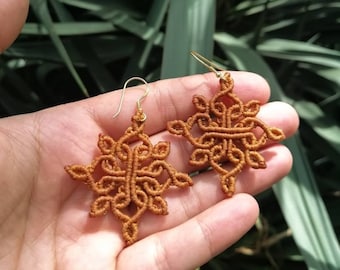 Macrame Bohemian Mandala Flower Nature Ethnic unique gypsy earrings /Boho Chic festival brown jewelry