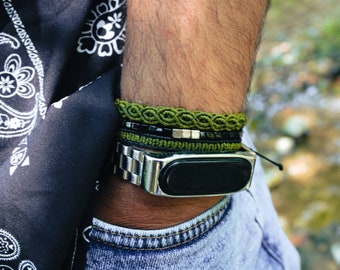 Green knotted men bracelet, handmade thread luxury everyday casual style bracelet, macrame set unisex bracelet, black green thread bracelet