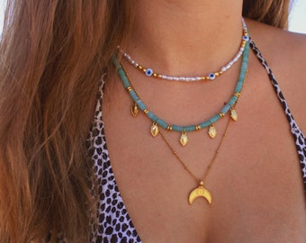 Summer choker necklace with charm, Beach Layering Necklaces, Semiprecious Bohemian stone necklace, Hippie ethnic boho gypsy moon set jewelry
