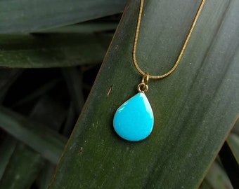 Unique aqua - blue drop charm gold snake chain necklace/Minimal modern teardrop layered pendant /Lucky birthday geometric boho jewelry/