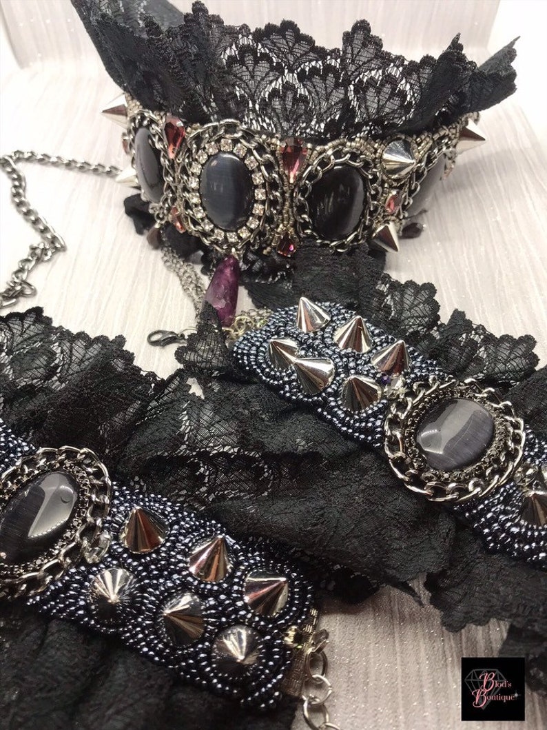 Gothic Studded Beadwork Cuff Jewelry Black Lace Beaded Cuff Bracelet for Women Victorian Style