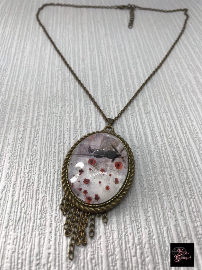 Beaded Jewelry Poppy Jewelry Glass Picture Necklace Red Flower Necklace Poppy Cameo Necklace Black or Bronze Floral Necklace
