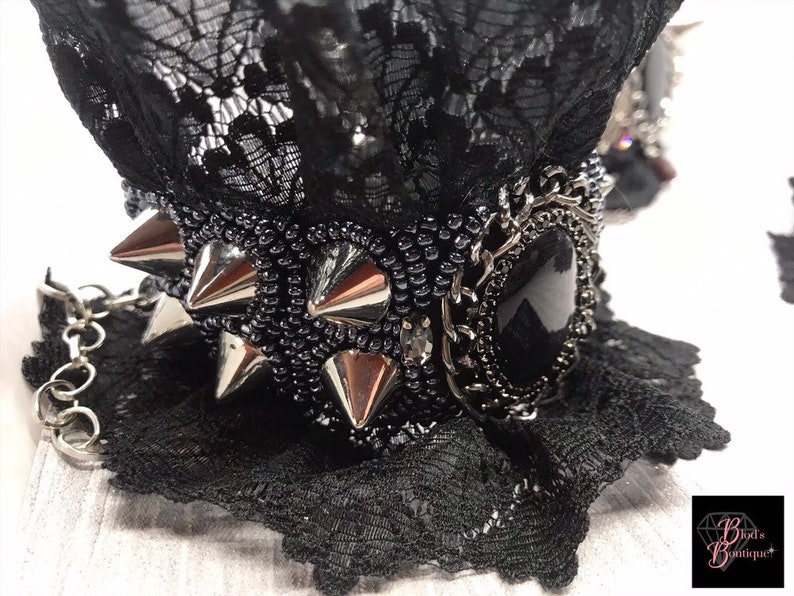 Gothic Studded Beadwork Cuff Jewelry Black Lace Beaded Cuff Bracelet for Women Victorian Style