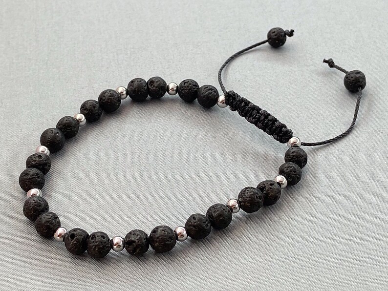 Black Beaded Adjustable Bracelet ~ Friendship Stacking Bracelet ~ Lava Rock Bracelet ~ Boho Hippie Jewelry ~ Gemstone Bracelet