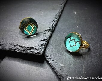 Twin Peaks Ring, Adjustable Ring, Twin Peaks, Owl Cave, Signet Style Ring, Dress Ring, Green Cabochon Ring, Twin Peaks Jewelry, Signet Ring