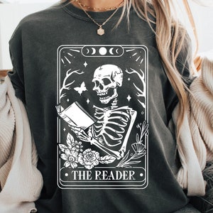 Comfort Colors® The Reader Tarot Card Shirt, Skeleton Reading Shirt, Unisex Tarot Card Shirt, Book Lover Gift, Bookish Gift,Tarot Lover Gift