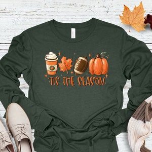Fall Long Sleeve Tee, Tis The Season Pumpkin Football Leaf Coffee Shirt, Pumpkin Patch Shirt, Long Sleeve Autumn Shirt, Long Sleeve Tee