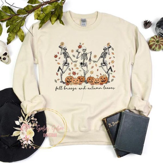 Fall Breeze and Autumn Leaves Sweatshirt, Halloween Sweatshirt, Dancing Skeletons Hoodie, Spooky Fall Sweatshirt, Pumpkin Sweatshirt Gift