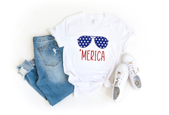 4th Of July V-Neck Shirt, Merica Glasses Shirt, 4th of July, Merica Shirt, 4th of July Glasses Shirt, Merica Unisex Shirt, Independence Day