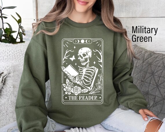 The Reader Tarot Card Sweatshirt, Skeleton Reading Sweater, Unisex Tarot Card Shirt, Book Lover Gift, Bookish Gift, Tarot Lover Gift