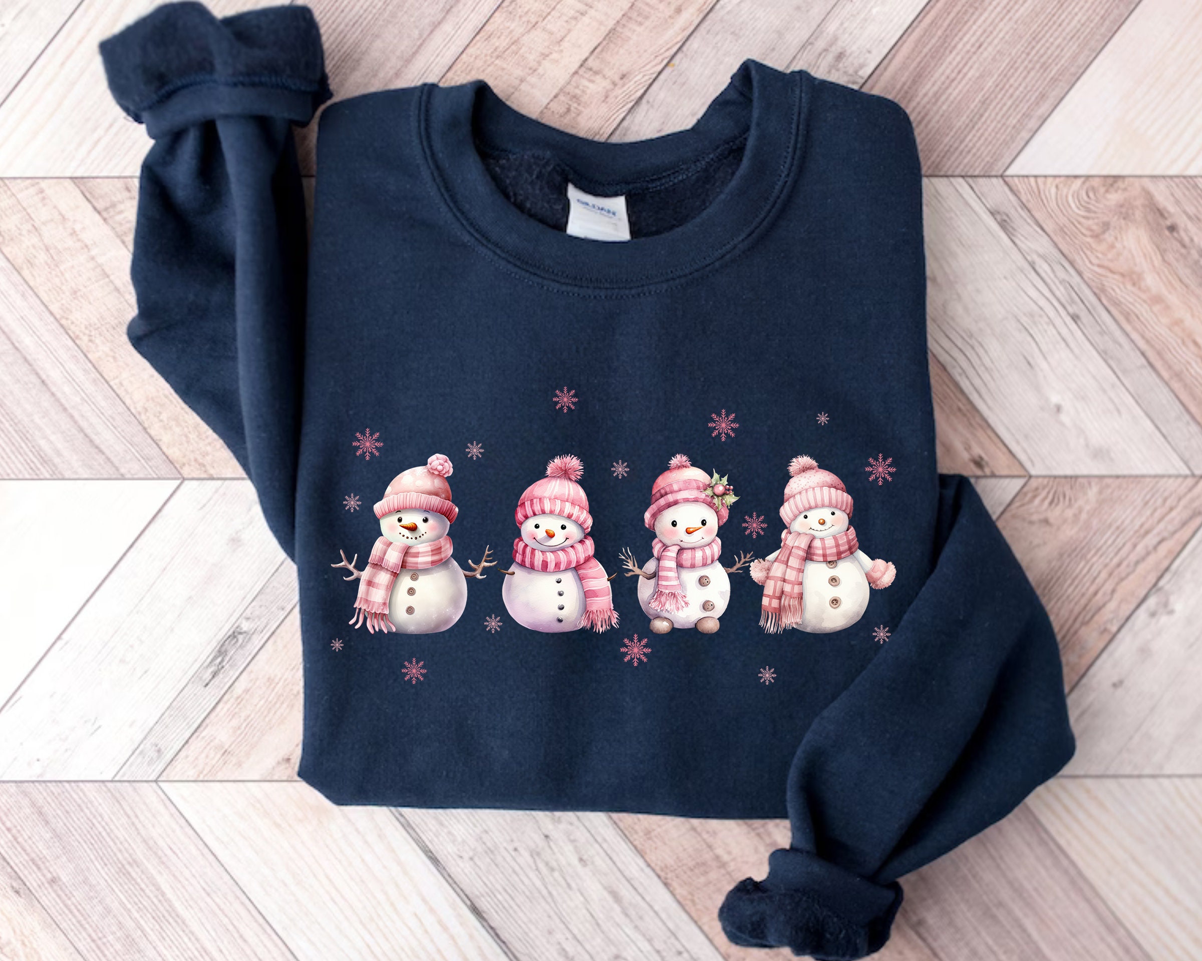 Snowmen Christmas Sweatshirt, Pink Snowman Christmas Sweatshirt