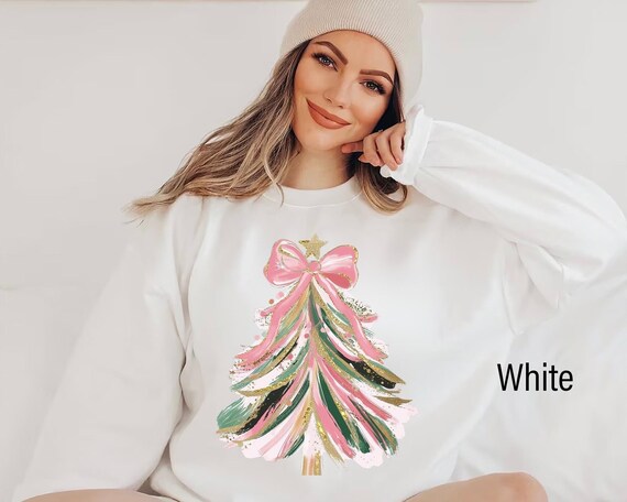 Christmas Tree Bow Shirt, Pink Christmas Sweatshirt For Women, Christmas Tree Shirt, Watercolor Christmas Sweater, Pink Christmas Tree