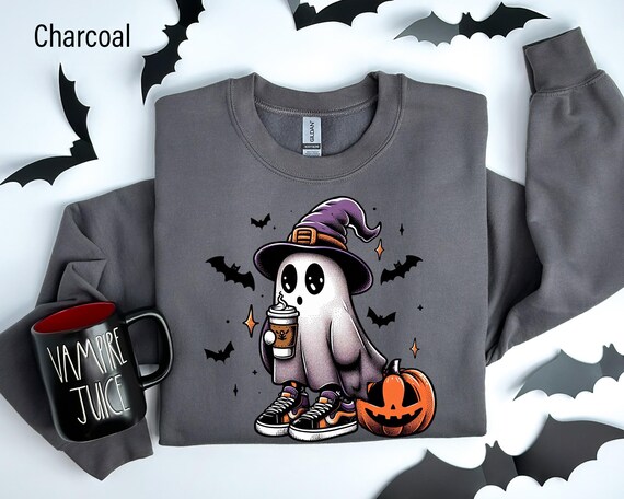 Ghost Coffee Sweatshirt, Halloween Sweatshirt, Trick Or Treat Ghost Pumpkin, Cute Halloween Sweater, Boojie Ghost Coffee Drinking Sweatshirt