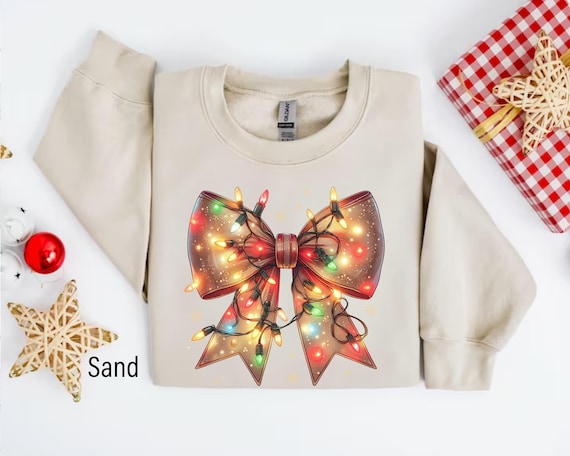 Coquette Coquette Bow Sweatshirt, Cute Christmas Lights Bow Sweatshirt, Merry Christmas Bows Sweater, Christmas Gift, Gift For Women