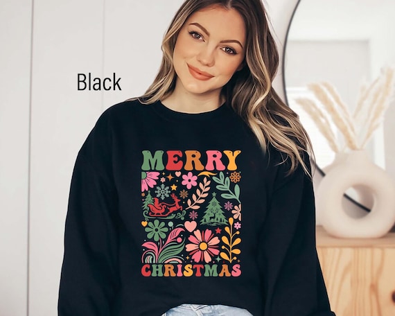Merry Christmas Boho Flowers Sweatshirt, Boho Flowers Sweatshirt, Christmas Party Sweatshirt, Family Christmas Sweatshirt, Retro Sweatshirt