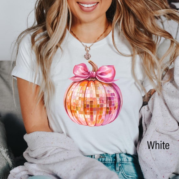 Retro Pink Coquette Bow Pumpkin Shirt, Fall Pumpkin Disco Ball Coquette Bow T-Shirt, Fall Vibes Shirt, Fall Season Shirt, Halloween Tees
