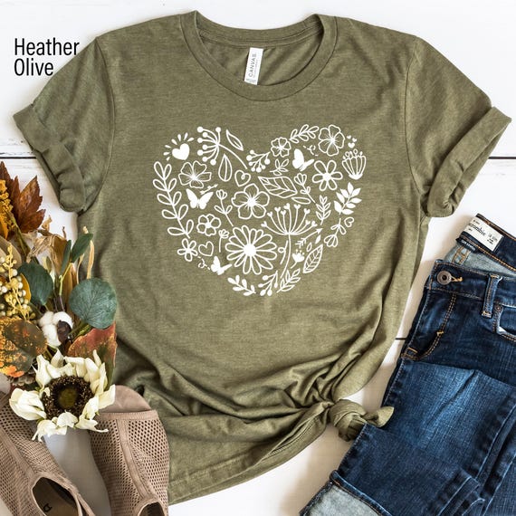 Flower Heart T-Shirt, Flower Shirt, Wildflowers T-Shirts, Botanic Shirt, Plant Lady Shirt, Floral Shirt, Plant Mama Shirt, Botanical Shirt