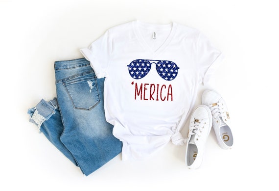 Glitter Merica Glasses Shirt, 4th of July Vneck, 4th of July, Merica Shirt, 4th of July Glasses Shirt, Merica Unisex Shirt, Merica Glitter