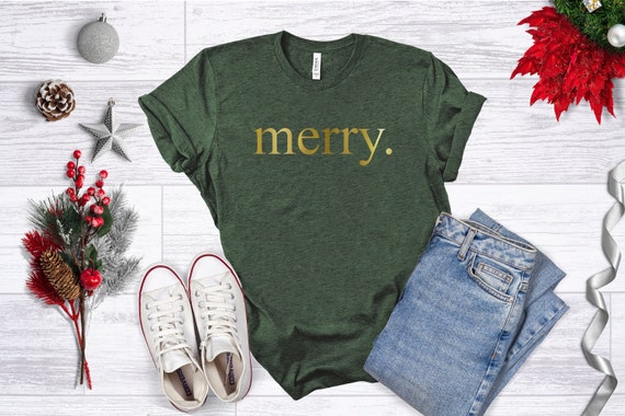 Christmas Shirts For Women, Merry. Typewriter Font Christmas Tshirt, Merry Shirt, Ladies Short Sleeve Holiday Tshirt, Christmas Gift