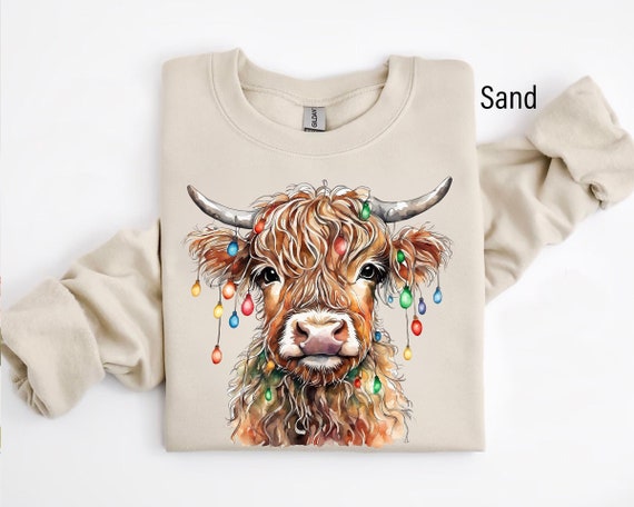 Christmas Cow Sweatshirt, Cow Lights Sweater, Cow Women Sweatshirt, Cow Lover Shirt, Christmas Sweatshirt, Highland Cow Crewneck, Farm Xmas